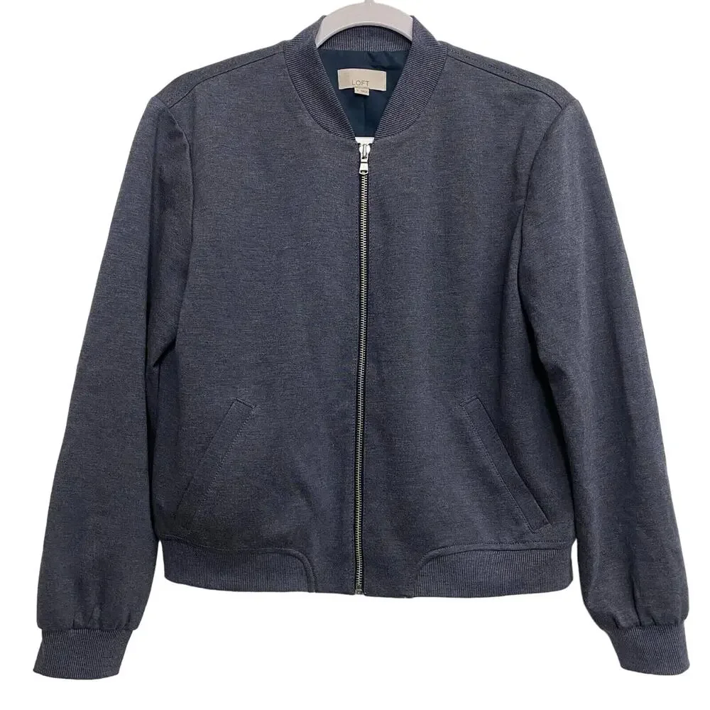 Loft Women's Small Gray Bomber Jacket Full‎ Zip Up Pockets Lined Dark Academia